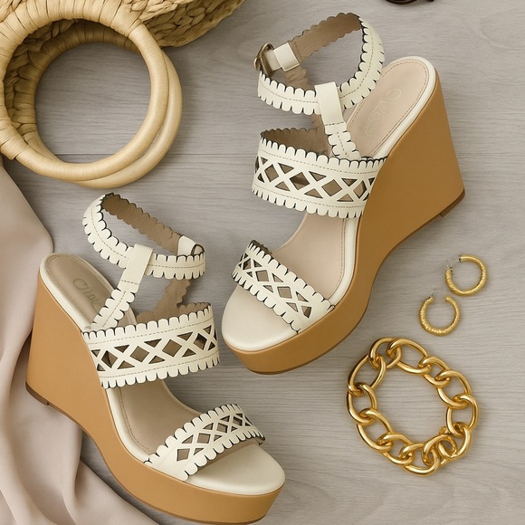 Chloé Leather Cutout Accent Wedge Sandals Size 37 (US 7) - Picture 1 of 11